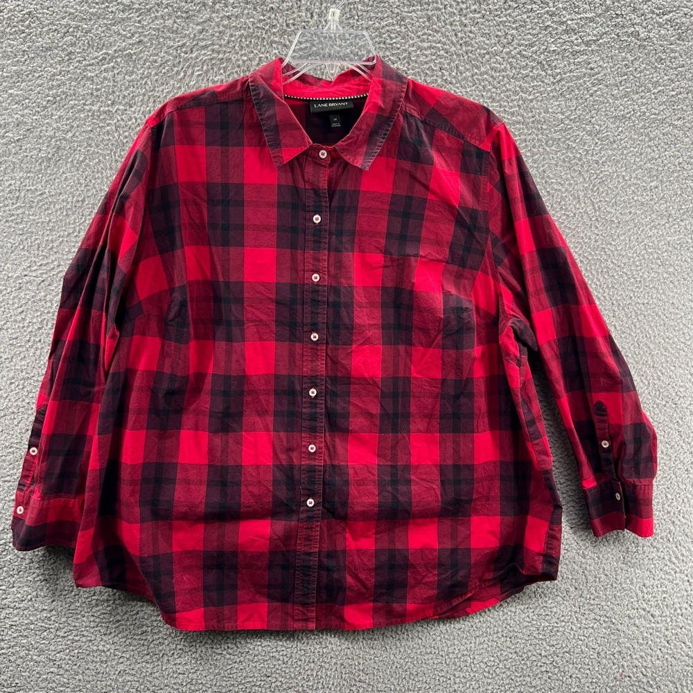 Lane Bryant Women Buffalo Plaid Shirt 24 Red Black Button Front Fall Cozy Rustic